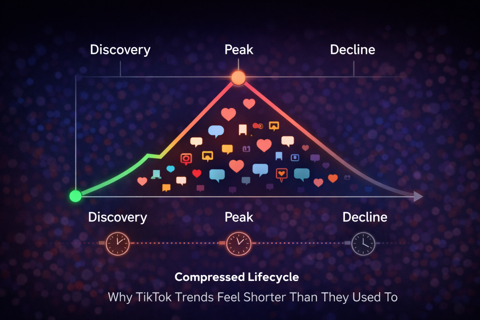 Visual timeline showing why TikTok trends feel shorter than they used to, with compressed discovery, peak, and decline phases