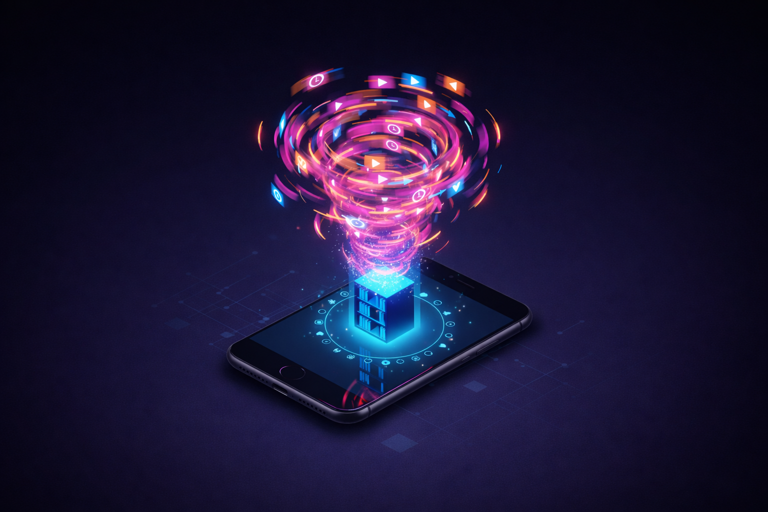 A conceptual 3D graphic showing a chaotic whirlwind of video icons being filtered into a stable, glowing digital library on a smartphone screen, illustrating how the TikTok algorithm converts fast scrolling into deep engagement.