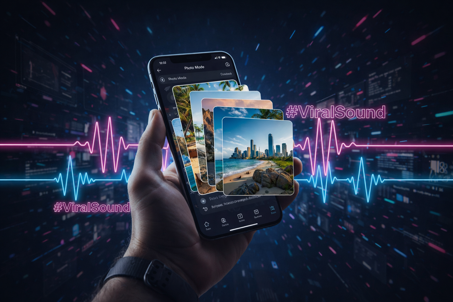 A smartphone screen displaying a TikTok Photo Mode carousel with pink soundwaves in the background and #ViralSound hashtags.