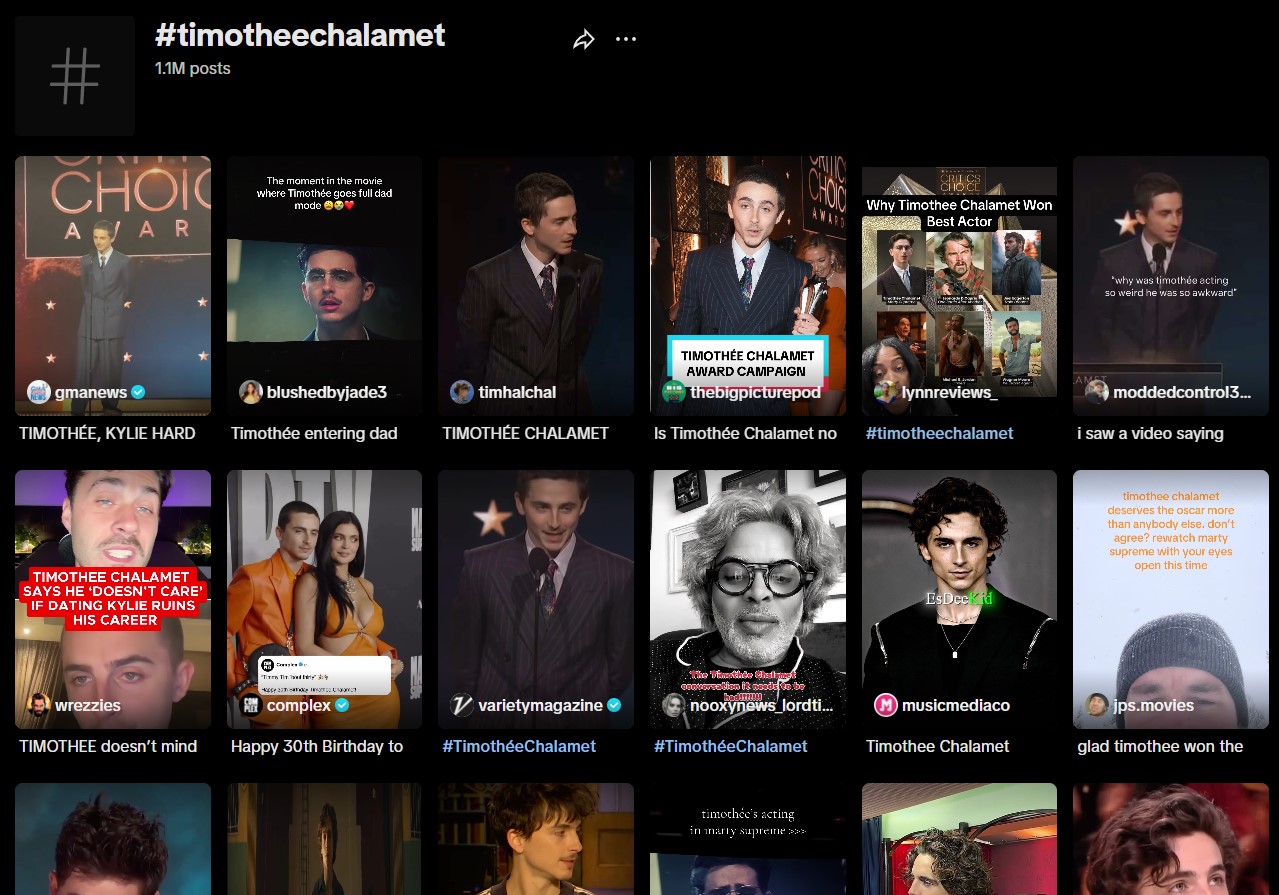 Timothée Chalamet TikTok trend with search results of #timotheechalamet