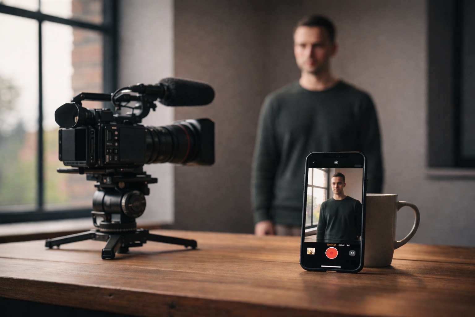 A smartphone on a desk filming a person in a casual room, while a professional cinema camera and tripod in the background face the same person.
