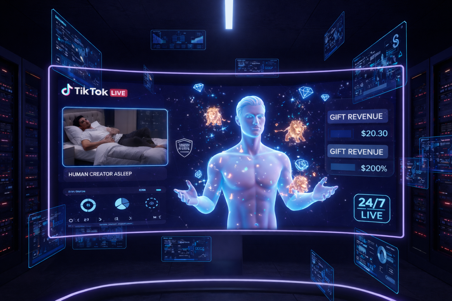 A TikTok Live dashboard showing an AI clone interacting with viewers and tracking gift revenue.