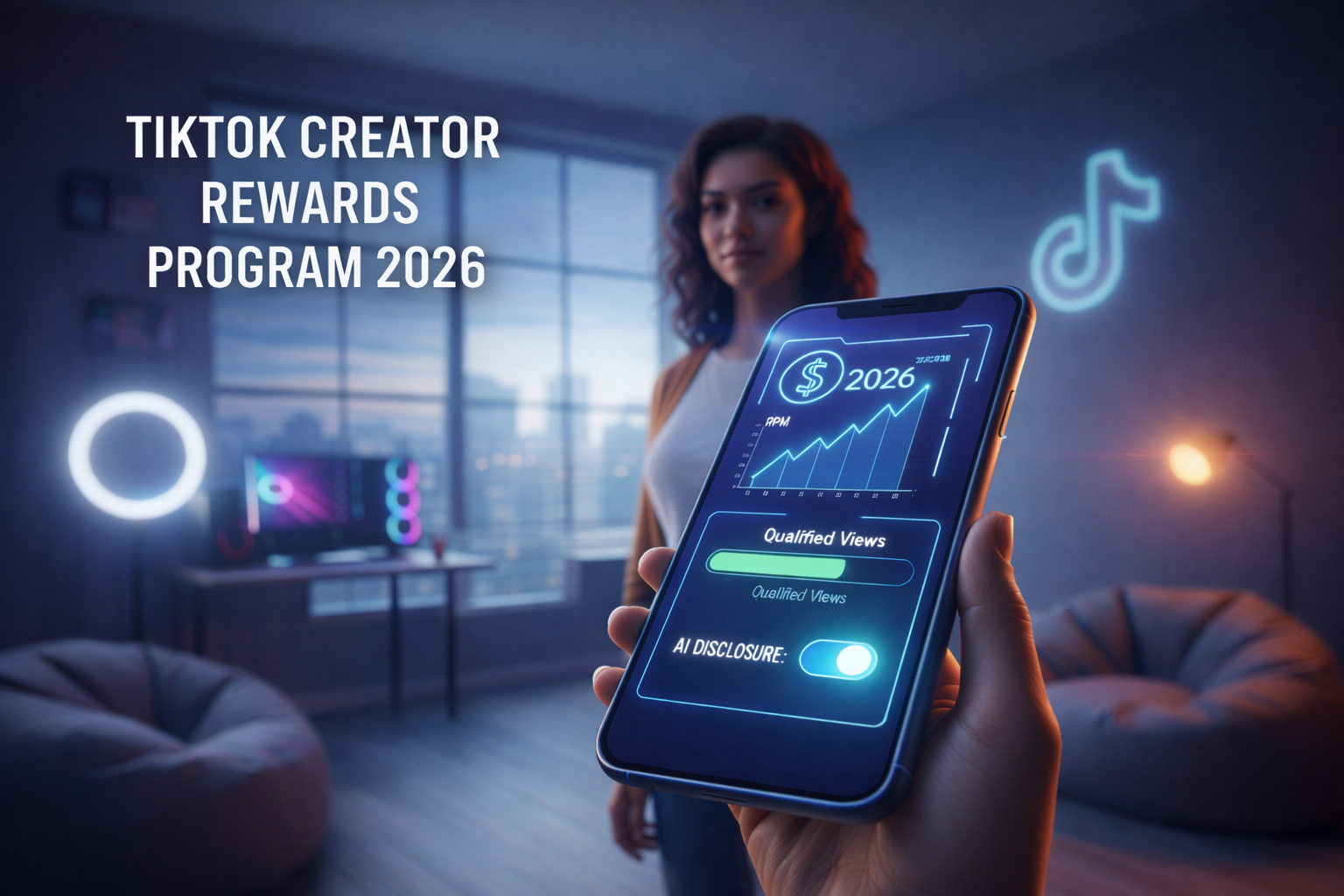Close up of a smartphone showing a 2026 TikTok monetization dashboard with rising RPM and qualified views graph.