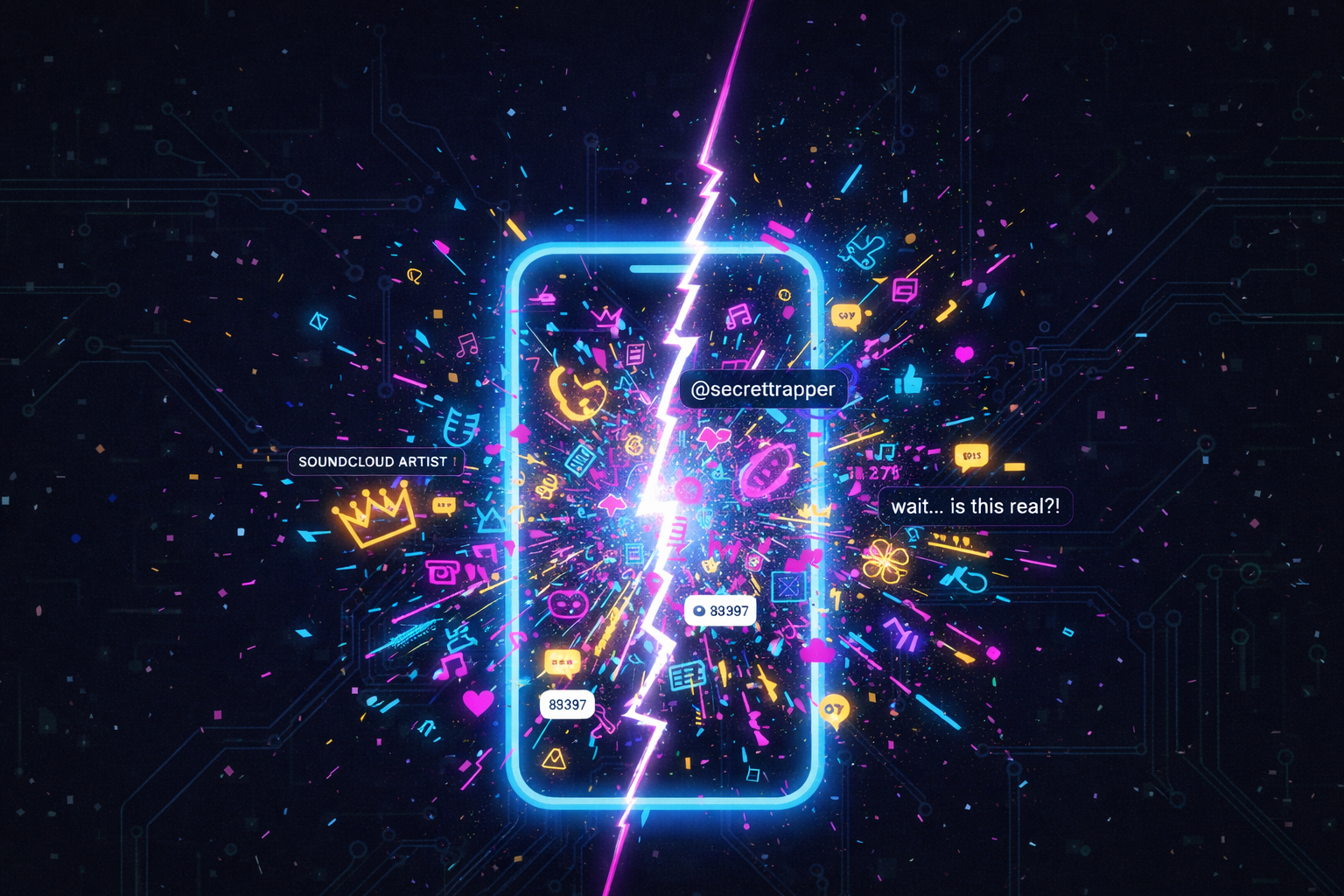 Abstract digital art featuring a central glowing prism and geometric "glitch" fragments in neon pink and cyan, symbolizing the fragmentation of celebrity identity in the Timothée Chalamet TikTok trend.