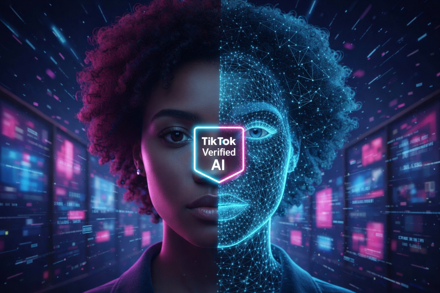 A split-screen visual showing a real person's face next to a digital AI wireframe with a TikTok Verified AI badge.