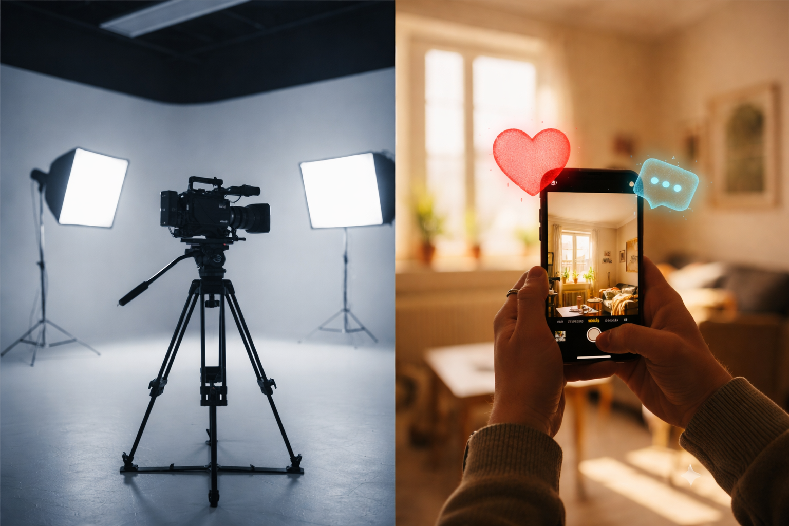 Illustrate why TikTok rewards average videos with a split-screen comparison showing a professional dark film studio with a tripod on the left, and a person's hands holding a smartphone filming a bright, messy living room with a TikTok heart and comment bubble on the right.