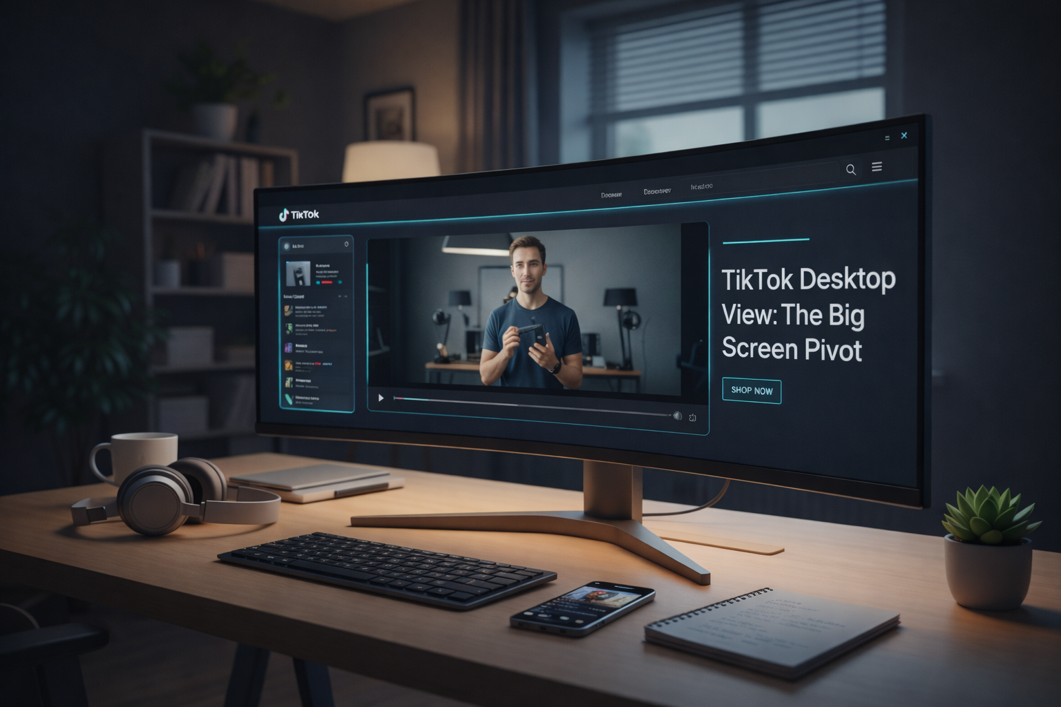 A wide ultra-wide computer monitor on a wooden desk showing the TikTok Desktop View in Cinema Mode with a horizontal video playing.