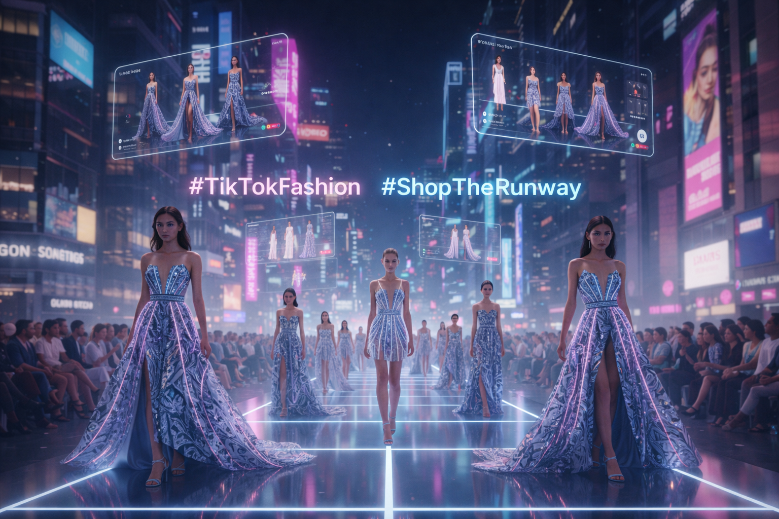 A futuristic outdoor runway in a glowing cityscape featuring models in digital-infused gowns with floating holographic TikTok Shop interface displays.