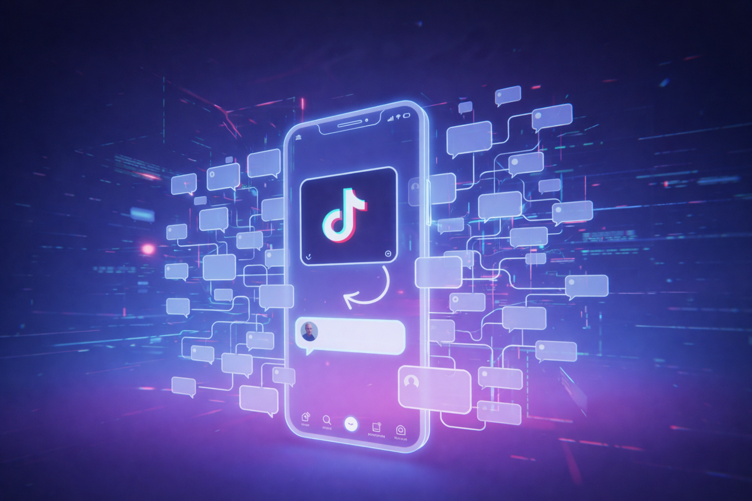 A conceptual 3D illustration featuring a glowing smartphone interface displaying a TikTok-style content video reply. A floating comment bubble is connected to a video window by a glowing arrow, surrounded by a complex web of interconnected speech bubbles and data nodes on a vibrant purple and blue background.