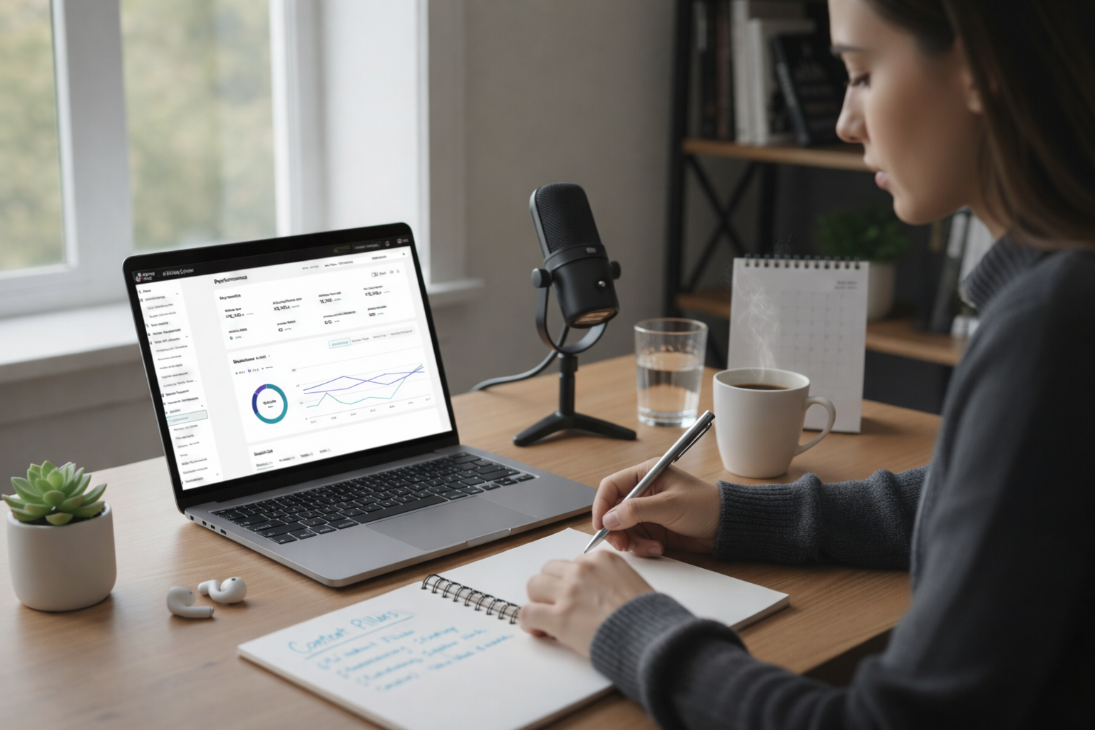 A creator writing in a notebook next to a laptop displaying the TikTok Shop Affiliate Center dashboard and a professional microphone.