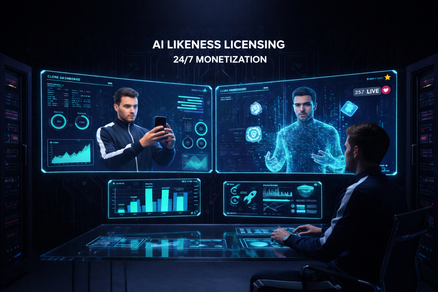 A man monitors his AI likeness licensing dashboard with digital avatars.
