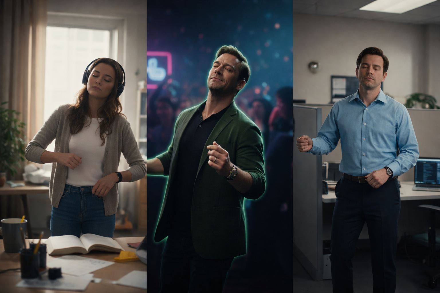 A split-screen image showing three different people in various settings, a club, a study room, and a corporate office. All performing the viral Jon Hamm dissociation dance with their eyes closed.