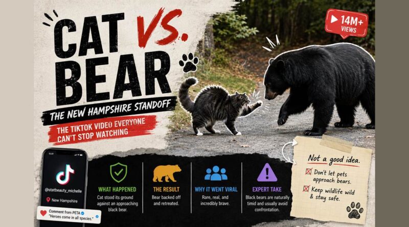 Cat vs bear TikTok video: a New Hampshire cat stands its ground against a black bear in a viral clip with 14 million views