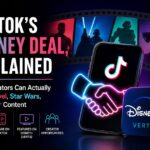 TikTok Disney deal explained - licensing partnership graphic showing TikTok and Disney Plus Verts logos with a handshake icon