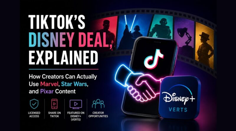 TikTok Disney deal explained - licensing partnership graphic showing TikTok and Disney Plus Verts logos with a handshake icon