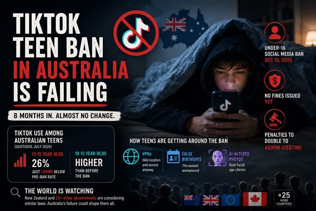 TikTok teen ban in Australia: chart showing the ban is failing eight months in, with usage rates, workaround methods, and international response
