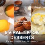 5 viral TikTok desserts side by side: dot cake, fruit mousse cake, butter tteok, mango sago, and yogurt tiramisu