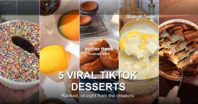 5 viral TikTok desserts side by side: dot cake, fruit mousse cake, butter tteok, mango sago, and yogurt tiramisu
