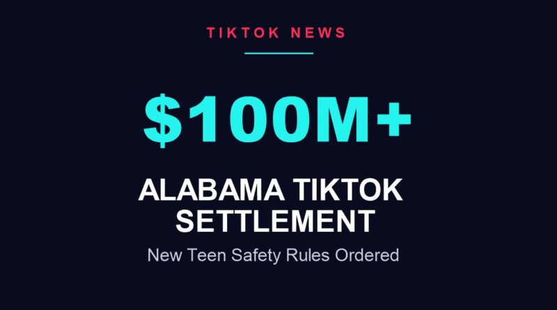 Alabama TikTok settlement stat graphic showing the 100 million dollar minimum payment and new teen safety rules