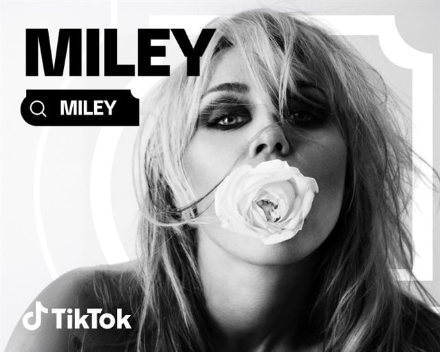 Miley Cyrus TikTok campaign press image from TikTok Newsroom showing the MILEY search feature