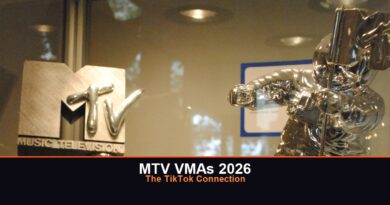 MTV Video Music Award Moonman trophy next to the MTV logo