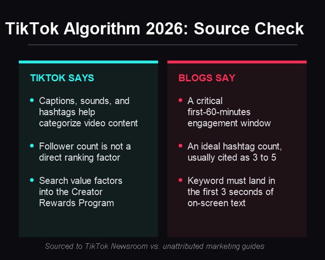 TikTok algorithm 2026 source check graphic comparing TikTok's own confirmed statements against unattributed marketing-blog claims