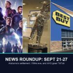 TikTok news roundup hero image, five photo panels: Adela, Avengers Endgame, MTV Video Music Award trophy, Best Buy, and American Horror Story Season 13
