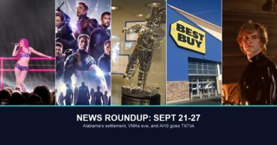 TikTok news roundup hero image, five photo panels: Adela, Avengers Endgame, MTV Video Music Award trophy, Best Buy, and American Horror Story Season 13