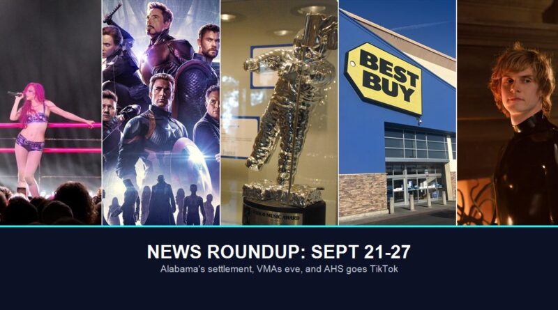 TikTok news roundup hero image, five photo panels: Adela, Avengers Endgame, MTV Video Music Award trophy, Best Buy, and American Horror Story Season 13