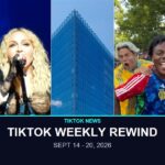 TikTok weekly recap hero image, five photo panels: Resident Evil, Madonna, the Consent Decree courthouse, Passinho do Jamal, and Chef Tini Younger