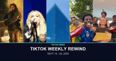 TikTok weekly recap hero image, five photo panels: Resident Evil, Madonna, the Consent Decree courthouse, Passinho do Jamal, and Chef Tini Younger