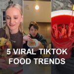 5 incredible viral TikTok food trends hero collage: Magnum croissant, Dubai chocolate strawberry cup, yogurt cheesecake, loaded pickle, banana bread latte
