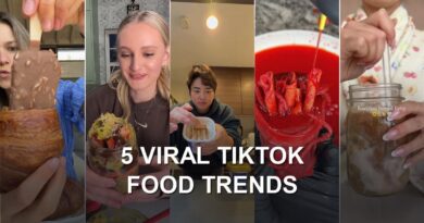 5 incredible viral TikTok food trends hero collage: Magnum croissant, Dubai chocolate strawberry cup, yogurt cheesecake, loaded pickle, banana bread latte