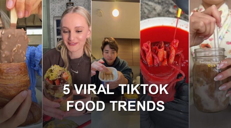 5 incredible viral TikTok food trends hero collage: Magnum croissant, Dubai chocolate strawberry cup, yogurt cheesecake, loaded pickle, banana bread latte