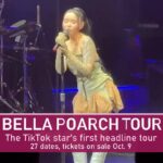 Bella Poarch tour: the TikTok star singing on stage under the words Bella Poarch Tour, first headline tour, 27 dates