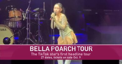 Bella Poarch tour: the TikTok star singing on stage under the words Bella Poarch Tour, first headline tour, 27 dates