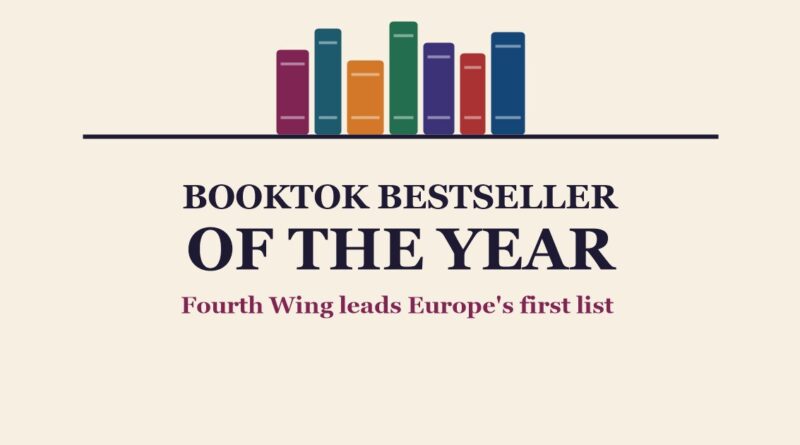BookTok Bestseller of the Year: a row of colorful book spines above the headline, Fourth Wing leads Europe's first list