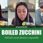 Boiled zucchini TikTok trend: video frames of three creators with the words Boiled Zucchini, TikTok's most divisive vegetable