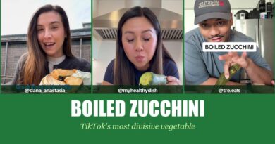 Boiled zucchini TikTok trend: video frames of three creators with the words Boiled Zucchini, TikTok's most divisive vegetable