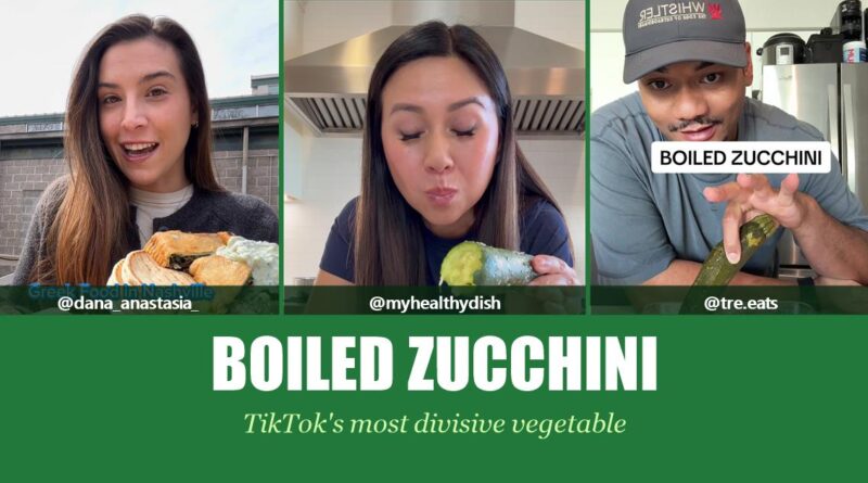Boiled zucchini TikTok trend: video frames of three creators with the words Boiled Zucchini, TikTok's most divisive vegetable