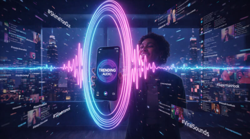 A creative workspace featuring a smartphone displaying vibrant TikTok audio waveforms and trending music metrics for 2026.