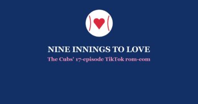 Nine Innings to Love: a baseball with a heart in the center above the title, the Cubs' 17-episode TikTok rom-com