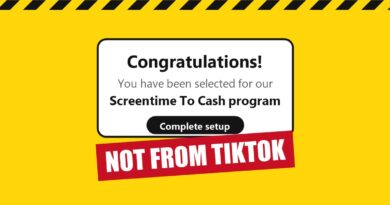 Mock pop-up reading Congratulations, you have been selected for our Screentime To Cash program, with a red stamp reading NOT FROM TIKTOK