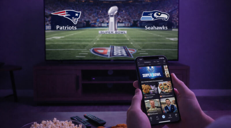 Super Bowl TikTok Trends: A person holding a smartphone showing the TikTok app in front of a television broadcasting a 2026 Super Bowl game between the Patriots and Seahawks.