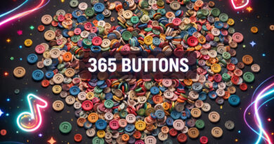 A top-down view of hundreds of colorful, textured buttons scattered across a dark surface, with the text "365 BUTTONS" centered in a modern, bold font.