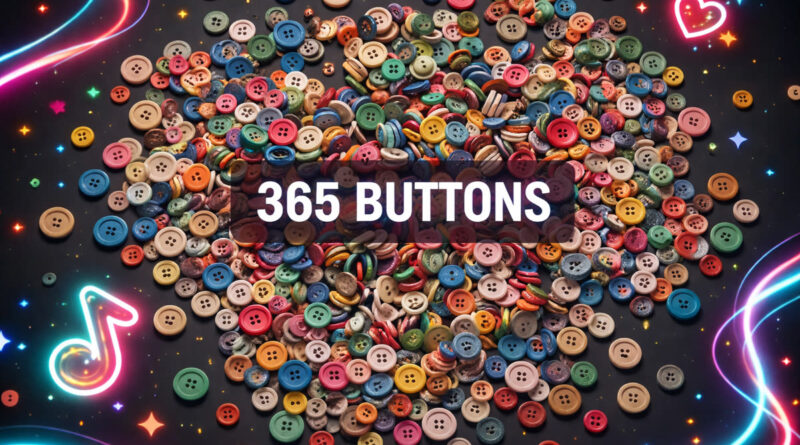 A top-down view of hundreds of colorful, textured buttons scattered across a dark surface, with the text "365 BUTTONS" centered in a modern, bold font.