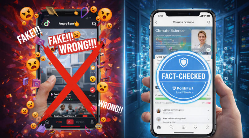 A split-screen graphic showing a TikTok phone interface with rage-bait content being penalized with an F-minus score and a fact-checked informational video being rewarded.