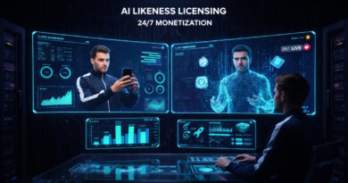 A man monitors his AI likeness licensing dashboard with digital avatars.