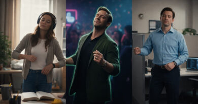 A split-screen image showing three different people in various settings, a club, a study room, and a corporate office. All performing the viral Jon Hamm dissociation dance with their eyes closed.