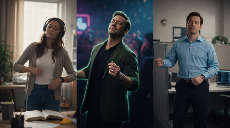A split-screen image showing three different people in various settings, a club, a study room, and a corporate office. All performing the viral Jon Hamm dissociation dance with their eyes closed.